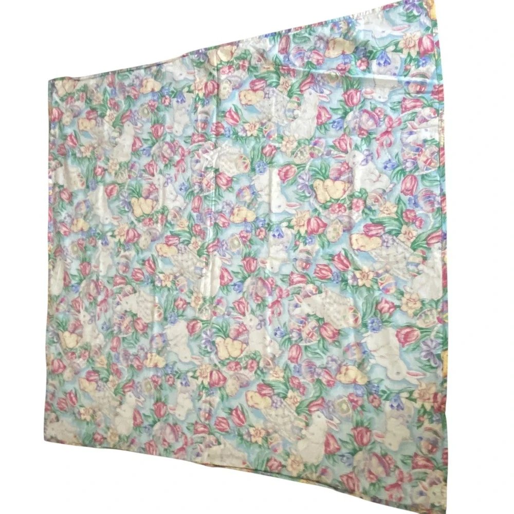 Vintage Easter Tablecloth Bunny Chick Floral Egg Print Blue Pastel‎ Spring Decor